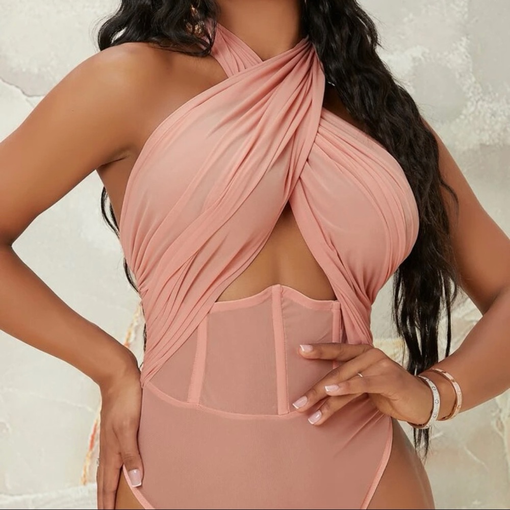 Pink Mesh Criscross Thong Bodysuit